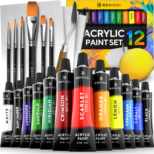 Acrylic Paint Set for Kids, Artists and Adults - 12 Vibrant Colors, 6 Brushes and 3 Paint Canvases - Perfect for Beginners or Professionals - Athena: Buy with Wisdom