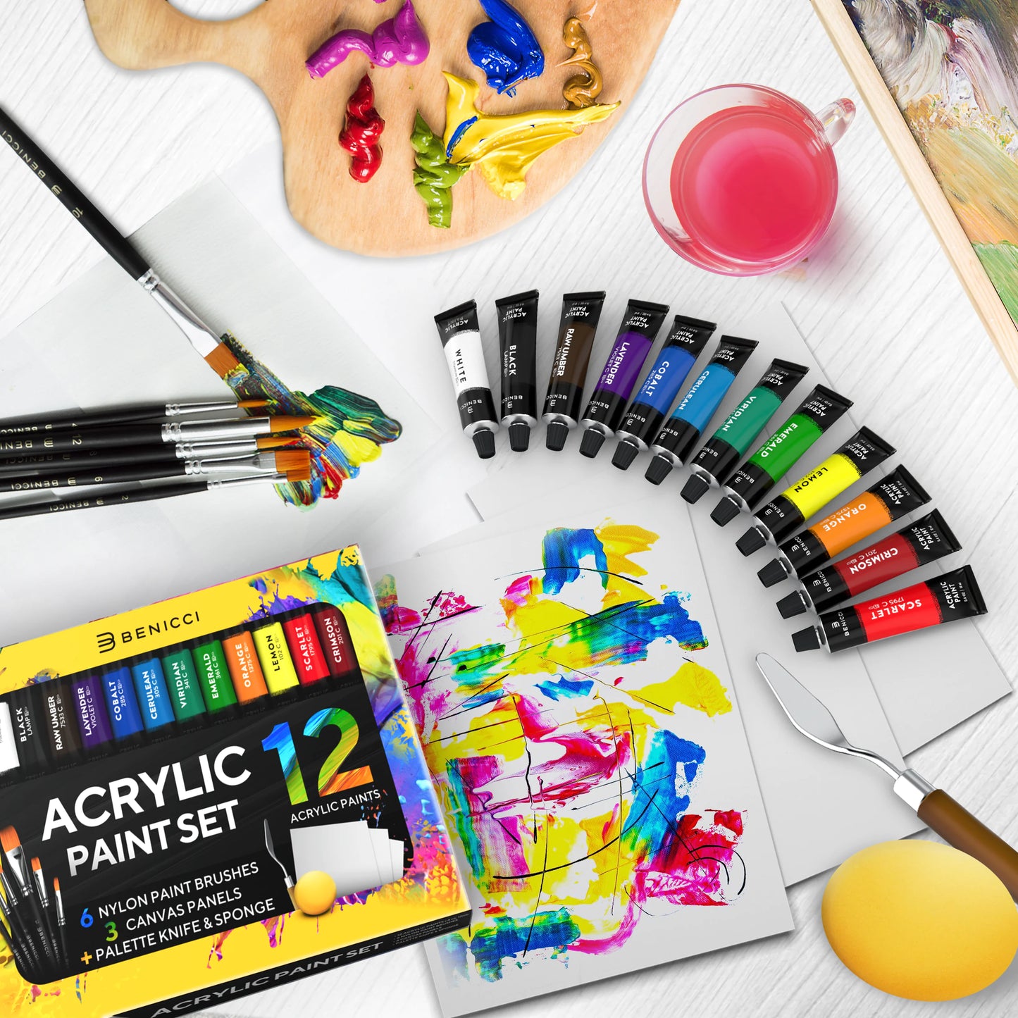 Acrylic Paint Set for Kids, Artists and Adults - 12 Vibrant Colors, 6 Brushes and 3 Paint Canvases - Perfect for Beginners or Professionals - Athena: Buy with Wisdom